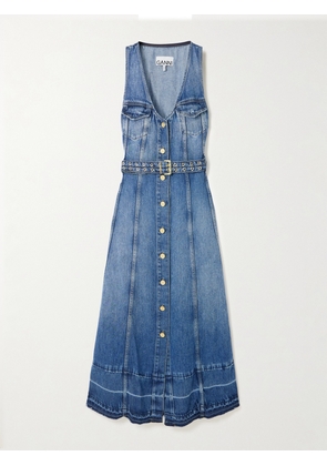 GANNI - Belted Frayed Denim Midi Dress - Blue - EU 32,EU 34,EU 36,EU 38,EU 40,EU 42,EU 44