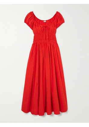 DÔEN - Quinn Tie-detailed Shirred Organic Cotton-poplin Midi Dress - xx small,x small,small,medium,large,x large,xx large