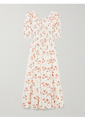 DÔEN - Ischia Shirred Floral-print Organic Cotton-blend Voile Midi Dress - White - xx small,x small,small,medium,large,x large,xx large
