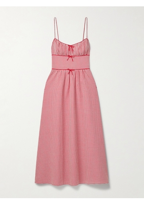DÔEN - Belline Bow-detailed Gingham Recycled-seersucker Midi Dress - Red - xx small,x small,small,medium,large,x large,xx large