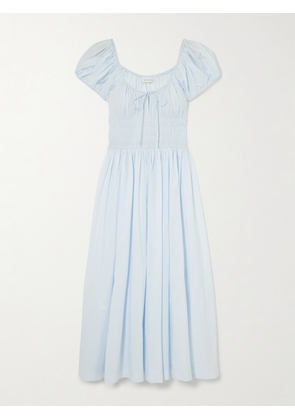 DÔEN - Quinn Tie-detailed Shirred Organic Cotton-poplin Midi Dress - Blue - xx small,x small,small,medium,large,x large,xx large