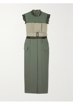 Sacai - Belted Paneled Chiffon-trimmed Woven Midi Dress - Green - 1,2,3,4