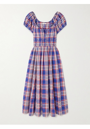 DÔEN - Quinn Checked Tie-detailed Shirred Cotton-poplin Midi Dress - Blue - xx small,x small,small,medium,large,x large,xx large