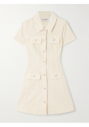 Self-Portrait - Crystal-embellished Denim Mini Shirt Dress - Cream - UK 4,UK 6,UK 8,UK 10,UK 12,UK 14,UK 16