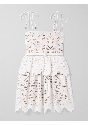 Self-Portrait - Belted Scalloped Broderie Anglaise Cotton-voile Mini Dress - White - UK 4,UK 6,UK 8,UK 10,UK 12,UK 14,UK 16