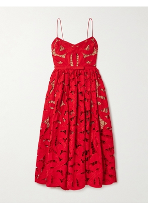 Self-Portrait - Bow-detailed Cotton-guipure Lace Midi Dress - Red - UK 4,UK 6,UK 8,UK 10,UK 12,UK 14,UK 16