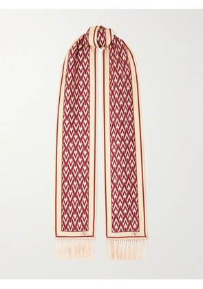 Valentino Garavani - Toute La V Fringed Printed Silk-twill Scarf - Red - One size