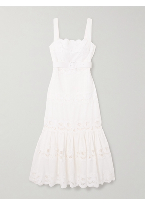 Self-Portrait - Belted Guipure Lace-paneled Linen And Cotton-blend Midi Dress - White - UK 4,UK 6,UK 8,UK 10,UK 12,UK 14,UK 16