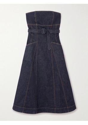 Self-Portrait - Strapless Belted Paneled Denim Midi Dress - Blue - UK 4,UK 6,UK 8,UK 10,UK 12,UK 14,UK 16