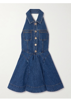 Self-Portrait - Paneled Denim Halterneck Mini Dress - Blue - UK 4,UK 6,UK 8,UK 10,UK 12,UK 14,UK 16