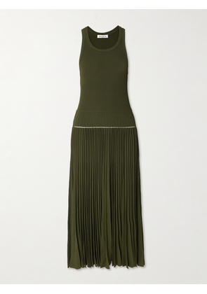 Alaïa - Pleated Pointelle-trimmed Ribbed-knit Midi Dress - Green - FR 34,FR 36,FR 38,FR 40,FR 42,FR 44