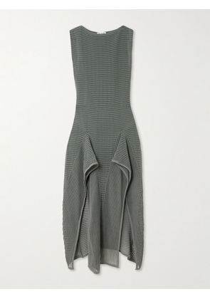 Alaïa - Ruffled Ribbed Open-knit Cotton-blend Midi Dress - Gray - FR 34,FR 36,FR 38,FR 40