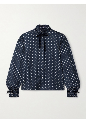 Valentino Garavani - Velvet-trimmed Ruffled Polka-dot Silk-twill Shirt - Blue - IT36,IT38,IT40,IT42,IT44,IT46,IT48,IT50
