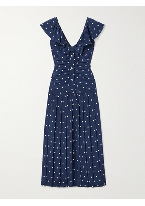 Alessandra Rich - Pleated Gathered Polka-dot Silk Crepe De Chine Midi Dress - Blue - IT36,IT38,IT40,IT42,IT44,IT46