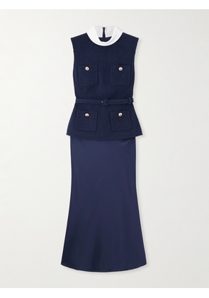 Self-Portrait - Belted Crepe-trimmed Bouclé And Satin Midi Dress - Blue - UK 4,UK 6,UK 8,UK 10,UK 12,UK 14,UK 16