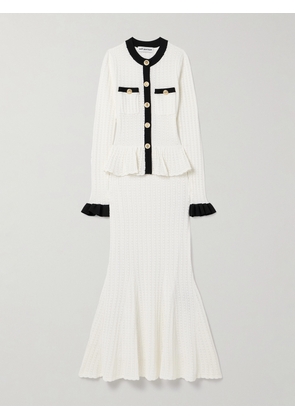 Self-Portrait - Pointelle-knit Peplum Midi Dress - White - x small,small,medium,large