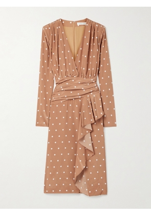 Alessandra Rich - Gathered Polka-dot Silk Crepe De Chine Midi Dress - Brown - IT36,IT38,IT40,IT42,IT44,IT46