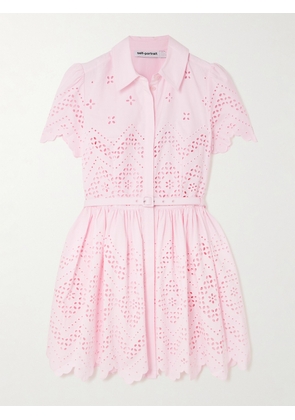 Self-Portrait - Scalloped Broderie Anglaise Cotton Mini Shirt Dress - Pink - UK 4,UK 6,UK 8,UK 10,UK 12,UK 14,UK 16