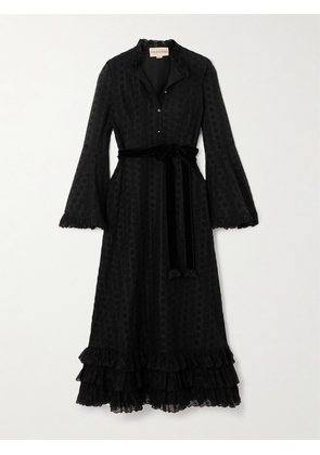 Valentino Garavani - Belted Tiered Velvet-trimmed Broderie Anglaise Cotton Midi Dress - Black - IT36,IT38,IT40,IT42,IT44,IT46