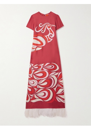 La DoubleJ - Swing Feather-trimmed Printed Silk-twill Maxi Dress - Red - xx small,x small,small,medium,large,x large,xx large
