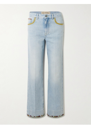 Valentino Garavani - Embellished Printed Chiffon-trimmed Mid-rise Straight-leg Jeans - Blue - 24,25,26,27,28,29,30,31,32