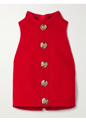 Balmain - Cropped Button-embellished Wool-blend Bouclé Top - Red - FR 34,FR 36,FR 38,FR 40,FR 42,FR 44,FR 46