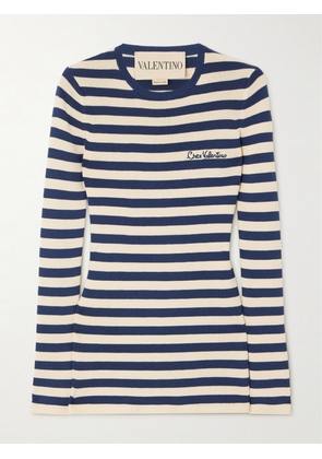 Valentino Garavani - Embroidered Striped Cotton Sweater - Blue - xx small,x small,small,medium,large,x large