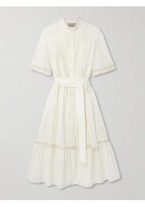 Valentino Garavani - Belted Lace-trimmed Pintucked Cotton-poplin Midi Dress - White - IT36,IT38,IT40,IT42,IT44,IT46