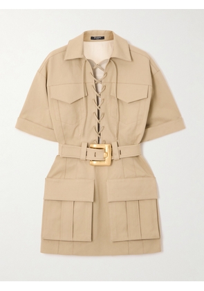 Balmain - Belted Cotton-gabardine Mini Dress - Neutrals - FR 34,FR 36,FR 38,FR 40,FR 42,FR 44,FR 46