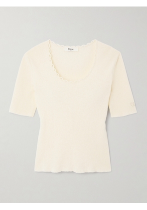 Chloé - Picot-trimmed Ribbed Cotton-blend Bouclé T-shirt - Cream - x small,small,medium,large,x large
