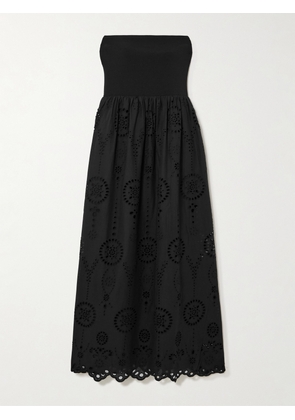 Matteau - Strapless Broderie Anglaise Organic Cotton And Stretch-knit Midi Dress - Black - 1,2,3,4,5
