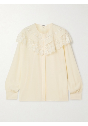 Chloé - Lace-trimmed Organic Silk Crepe De Chine Blouse - Cream - FR 34,FR 36,FR 38,FR 40,FR 42,FR 44,FR 46