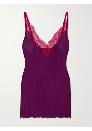 SAINT LAURENT - Lace-trimmed Ribbed Silk Tank - Purple - XS,S,M,L