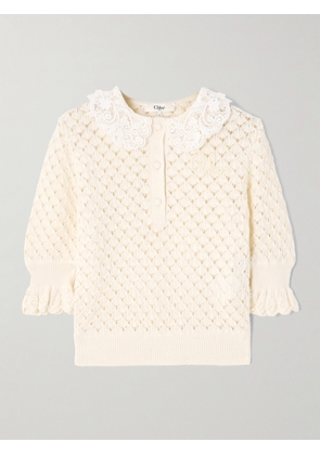 Chloé - Lace-trimmed Cotton, Alpaca And Silk-blend Polo Sweater - Cream - x small,small,medium,large,x large