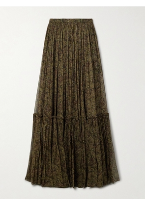 SAINT LAURENT - Tiered Metallic Paisley-print Silk-blend Crepon Maxi Skirt - Green - FR 36,FR 38