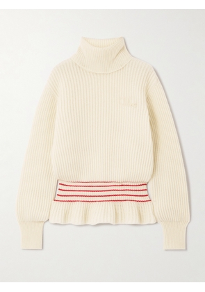 Chloé - Turtleneck Striped Ribbed Wool And Mohair-blend Peplum Sweater - Cream - x small,small,medium,large,x large