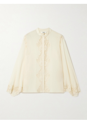 Chloé - Embroidered Lace-trimmed Organic Silk-georgette Blouse - Cream - FR 34,FR 36,FR 38,FR 40,FR 42,FR 44,FR 46