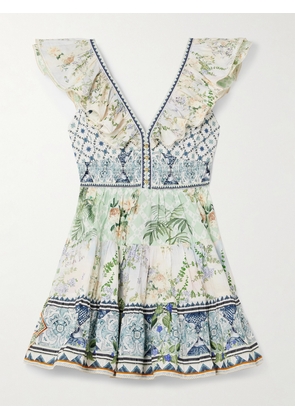 Camilla - Cutout Ruffled Printed Organic Cotton Mini Dress - Blue - x small,small,medium,large,x large,xx large