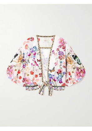 Camilla - Monserrate Magic Cropped Tie-front Crystal-embellished Printed Linen Top - White - XS/S,M/L,XL/XXL