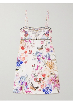 Camilla - Embellished Floral-print Linen Mini Dress - White - x small,small,medium,large,x large