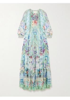 Camilla - Embellished Tiered Printed Silk-crepon Maxi Dress - Blue - x small,small,medium,large,x large,xx large