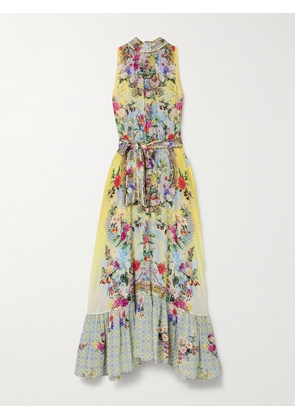 Camilla - Belted Tie-neck Crystal-embellished Floral-print Silk-georgette Maxi Dress - Yellow - x small,small,medium,large,x large,xx large