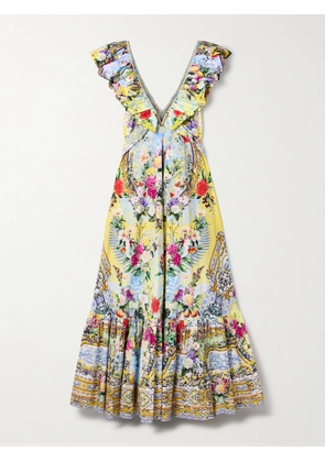 Camilla - Embellished Belted Ruffled Printed Organic Cotton-poplin Maxi Dress - Yellow - XS/S,M/L,XL/XXL