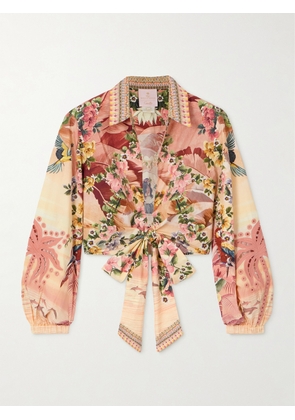 Camilla - + The White Lotus Cropped Printed Crystal-embellished Organic Cotton-poplin Wrap Shirt - Pink - xx small,x small,small,medium,large,x large
