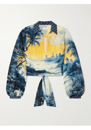 Camilla - Cropped Embellished Printed Linen And Silk-blend Wrap Shirt - Blue - xx small,x small,small,medium,large,x large