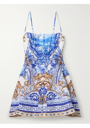Camilla - Pleated Printed Linen And Silk-blend Mini Dress - Blue - x small,small,medium,large,x large