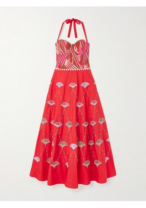 Emporio Sirenuse - Lotty Bead-embellished Embroidered Cotton-blend Poplin Halterneck Midi Dress - IT38,IT40,IT42,IT44,IT46,IT48,IT50