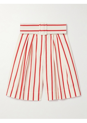 Rosie Assoulin - Belted Pleated Striped Herringbone Cotton-blend Shorts - Red - US0,US2,US4,US6,US8,US10,US12