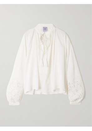 Thierry Colson - Gathered Broderie Anglaise Linen And Cotton-blend Blouse - Off-white - x small,small,medium,large,x large
