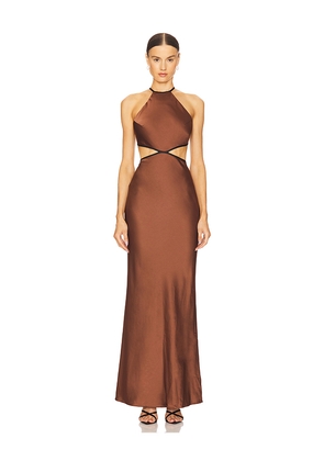 MISHA Edem Backless Maxi Dress in Chocolate. Size L. Also in XS, M, XL, XXL.